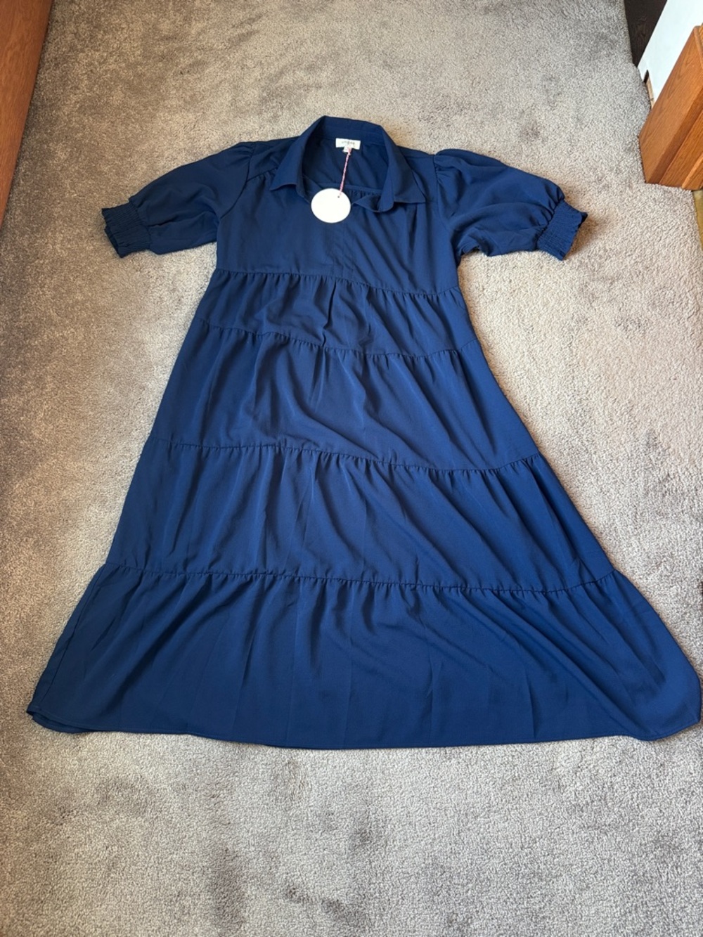 Umgee Navy Tiered Midi Dress Short Sleeve Boho Flowy Cottagecore NWT SIZE M